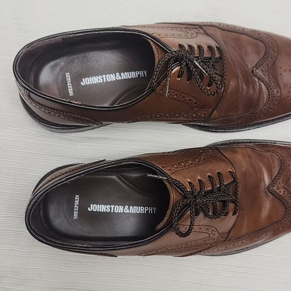 Johnston & Murphy Dress Shoes Wingtip Oxfords Brown Men Sz 8.5 Sheepskin Leather
